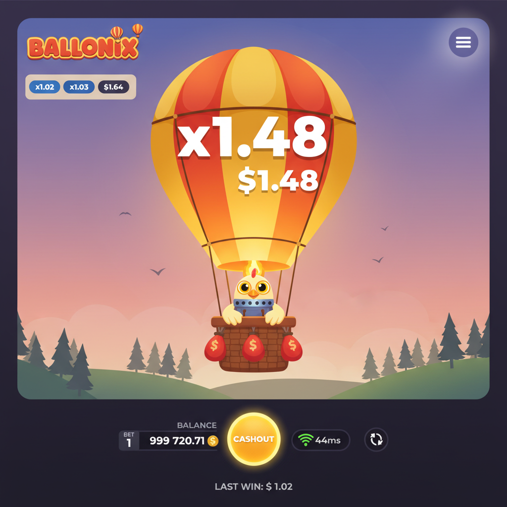 BalloniX juego crash con globo aerostático pilotado por personaje de pollo, bolsas de dinero colgando de la cesta, cielo crepuscular con paisaje pastoral, multiplicador visible en el globo dorado-naranja