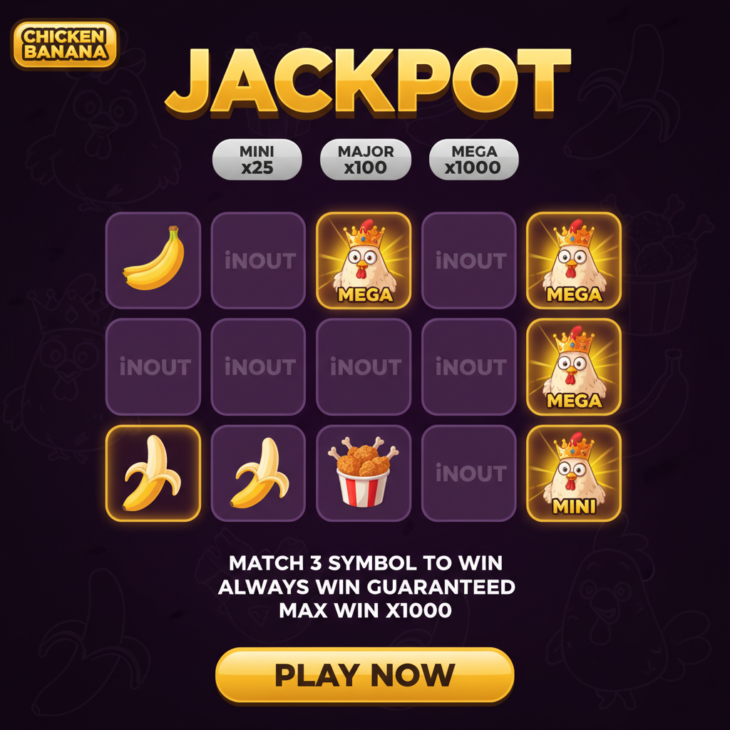 Juego Chicken Banana slot mostrando pollo de dibujos animados con corona dorada, racimos de plátanos y cuadrícula de cartas rasca y gana sobre fondo morado con símbolos de jackpot MEGA