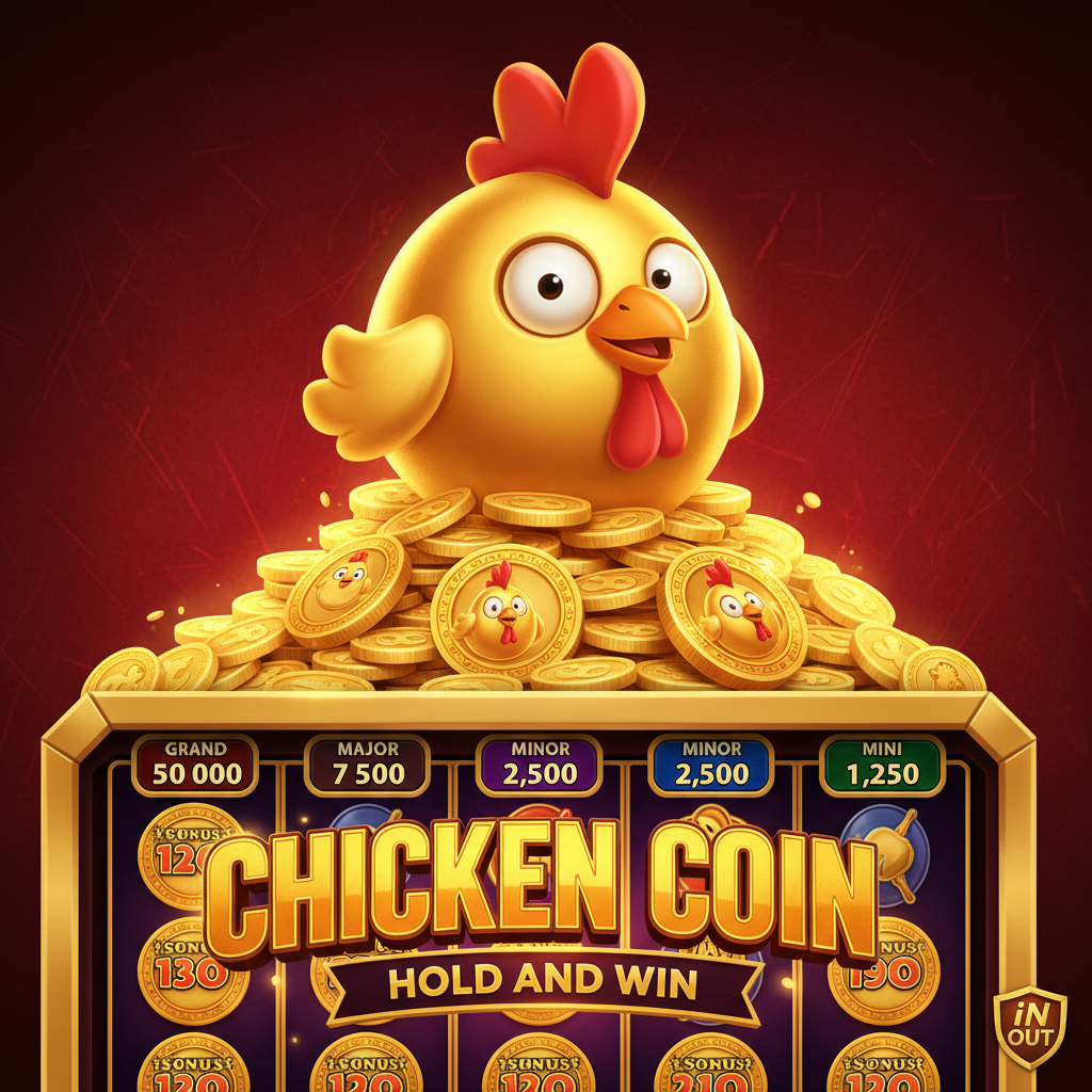 Chicken Coin Hold and Win slot de InOut mostrando el pollo dorado mascota sentado sobre una pila de monedas doradas con símbolos de frutas, jackpots y monedas especiales en el grid 3x4