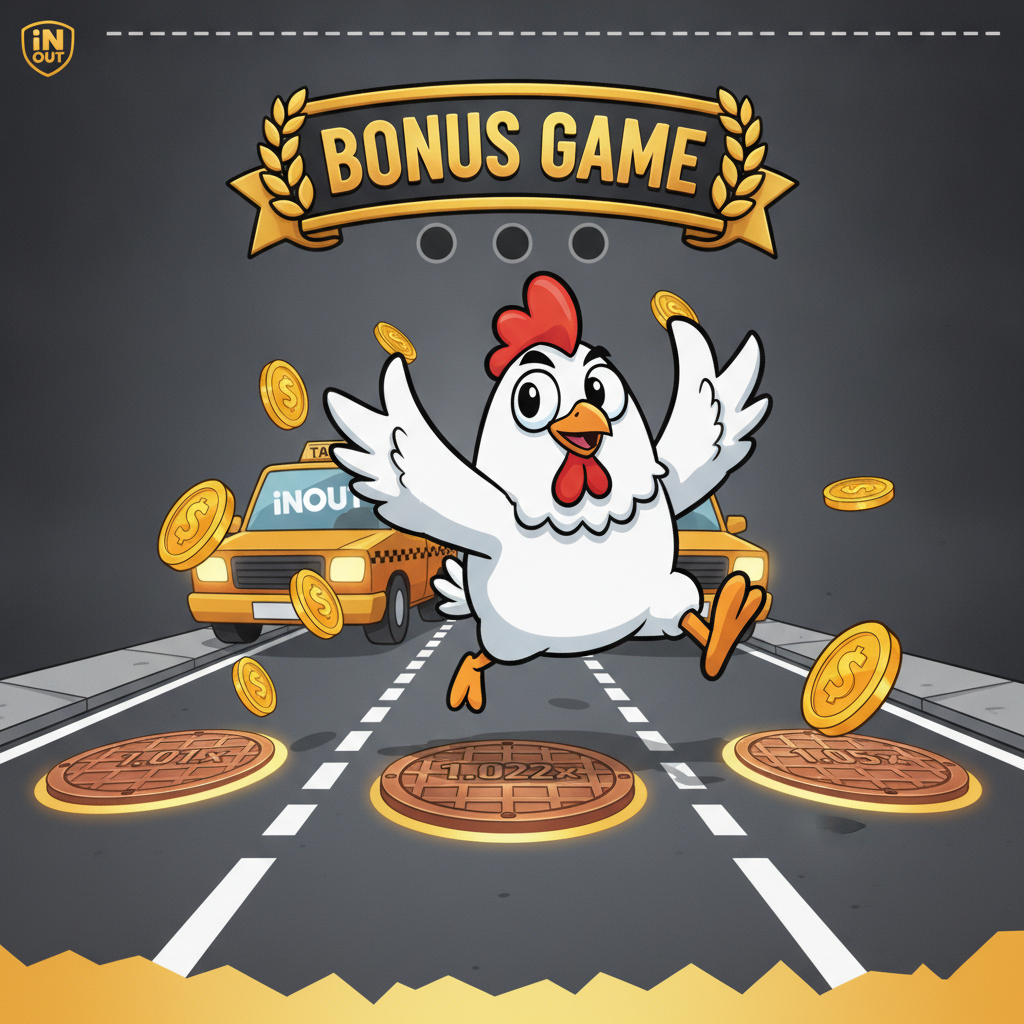 Chicken Road 2 Bonus slot game con pollo de dibujos animados cruzando carretera con carriles y multiplicadores, monedas doradas y banner de bonus game