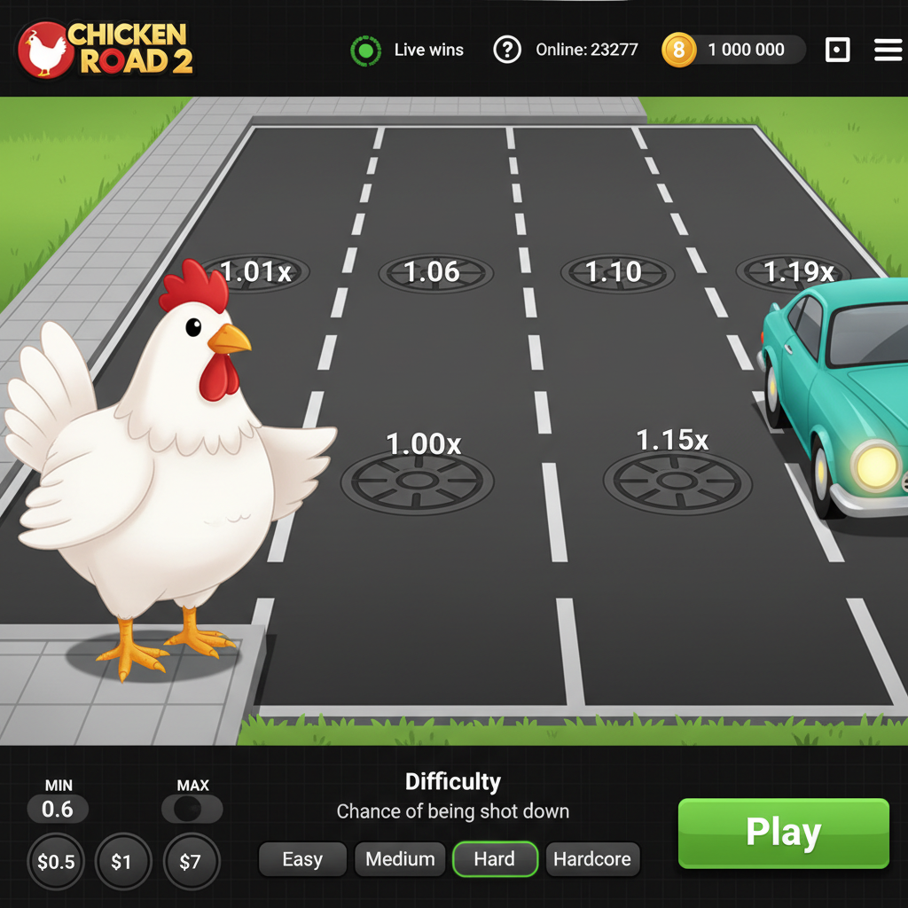 Chicken Road 2 juego de arcade mostrando gallina blanca con cresta roja cruzando carretera de 6 carriles con coches y multiplicadores en alcantarillas
