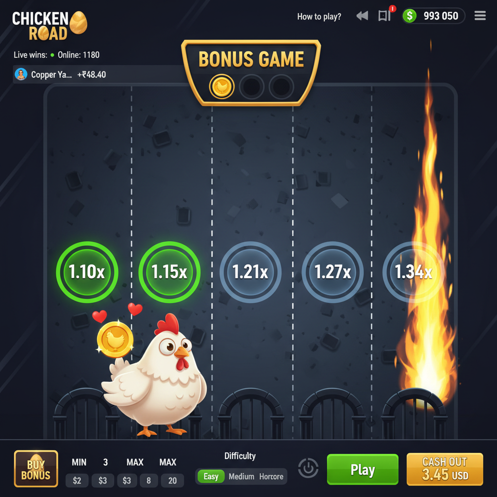 Chicken Road Bonus juego de InOut Games mostrando pollo valiente cruzando carriles de carretera con círculos multiplicadores dorados, monedas de bonus y efectos de fuego naranja en el fondo oscuro
