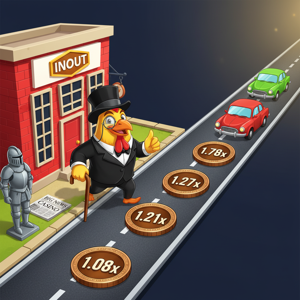 Chicken Road Gold - Pollo caballero con sombrero de copa, monóculo y bastón cruzando carretera con monedas de oro multiplicadoras y coches obstáculo en juego estilo crash