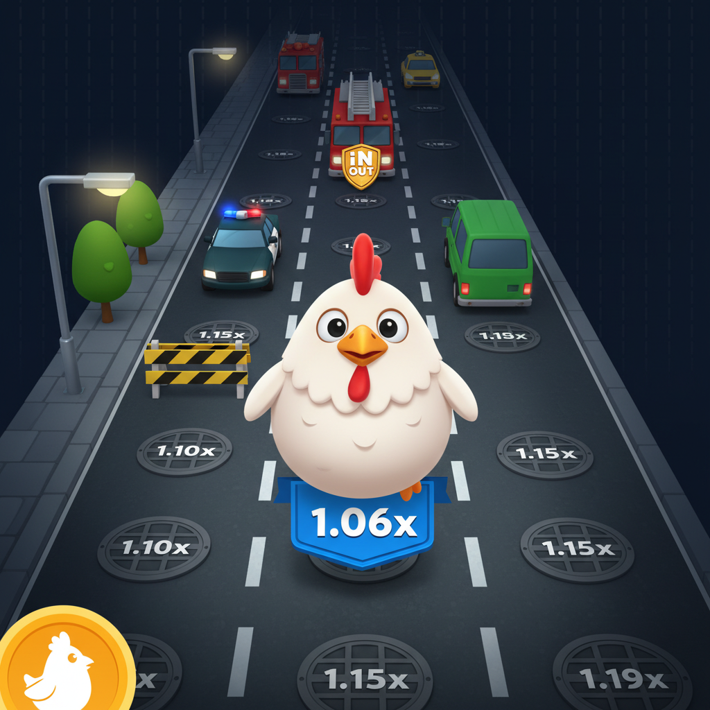 Chicken Road slot por InOut - Pollo blanco cruzando carretera urbana con carriles, coches, camión de bomberos y multiplicadores en alcantarillas, vista cenital