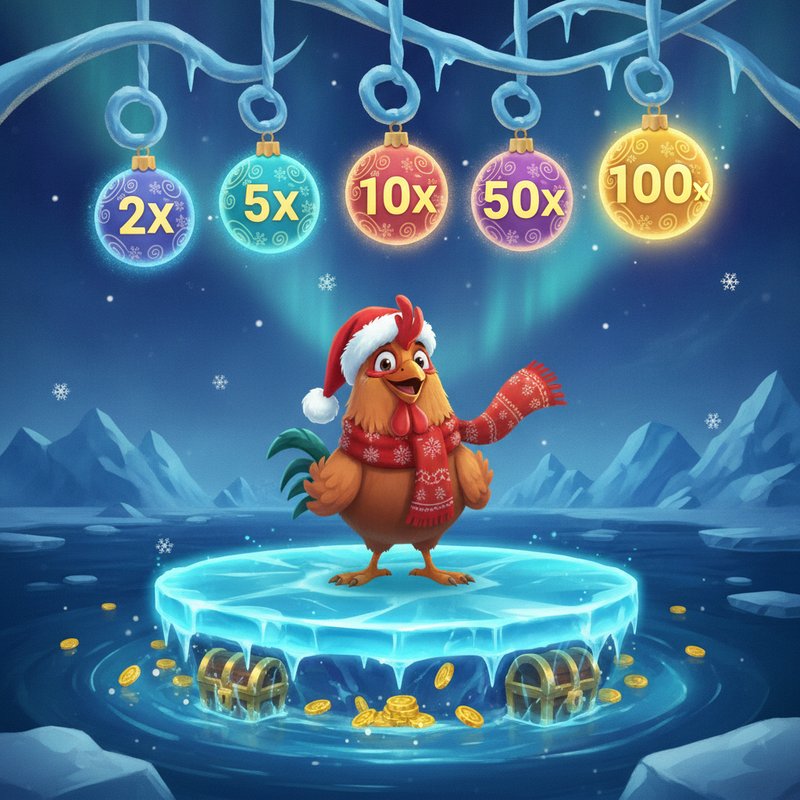 Chicken Road Ice slot game: cartoon chicken character wearing red Santa hat and scarf with snowflake pattern, standing on cyan ice plate over arctic water, Christmas ornament multipliers hanging above showing progressive values, winter ice theme by InOut Games