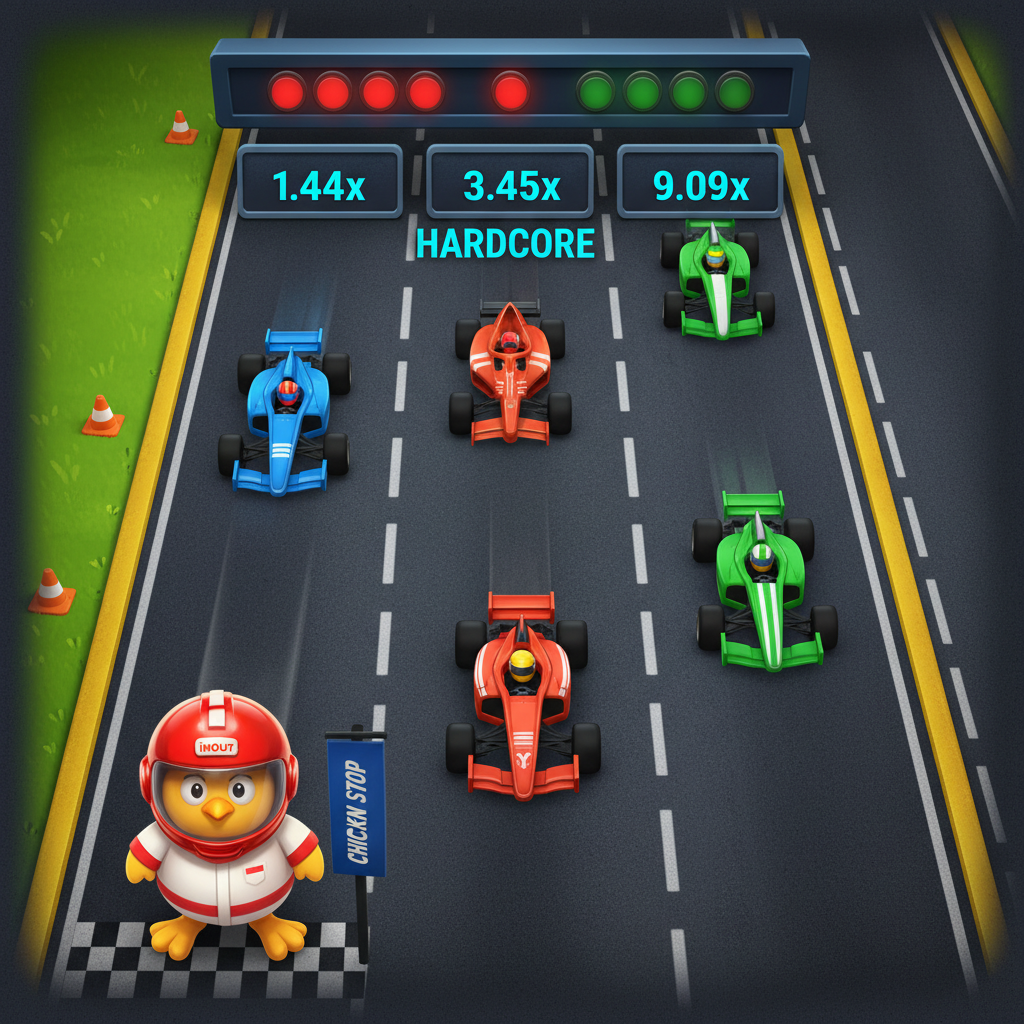 Chicken Road Race slot game - pollo de carreras con casco rojo navegando por carretera de asfalto con vista cenital, esquivando coches de carrera de Fórmula 1 azules y rojos