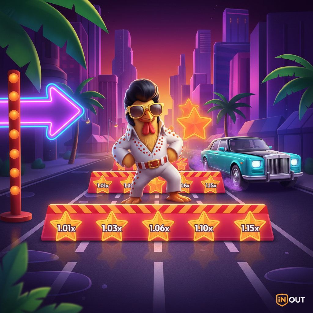 Chicken Road Vegas slot game - Personaje de pollo estilo Elvis cruzando la carretera de Las Vegas Strip con coches de lujo, luces de neón y estrellas de multiplicador doradas