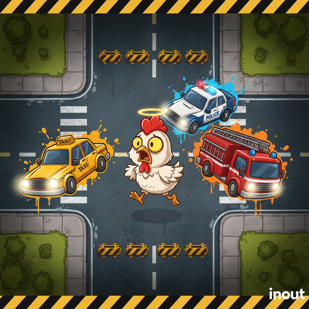 Chicken Royal slot de InOut - pollo de dibujos animados cruzando calles urbanas con taxi amarillo, camión de bomberos rojo y coche de policía, tema graffiti callejero con símbolos de construcción