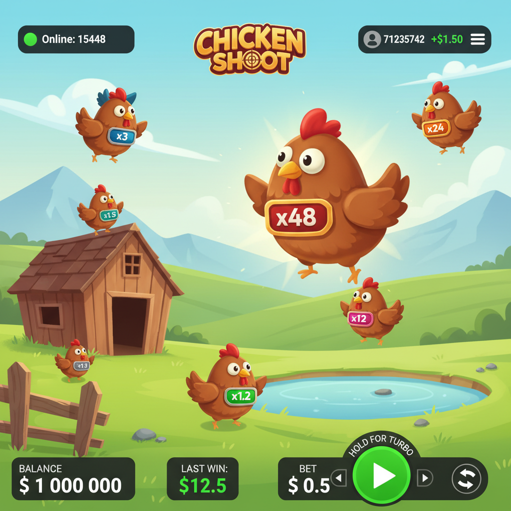 Chicken Shoot slot game - pollos de dibujos animados con multiplicadores en granja pastoral con gallinero y estanque